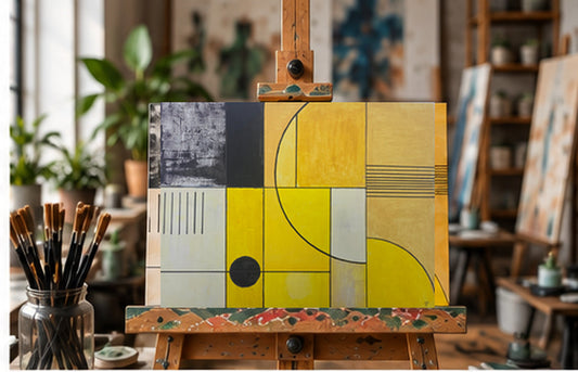 ochre study — digitally staged easel presentation; original artwork sold unframed
