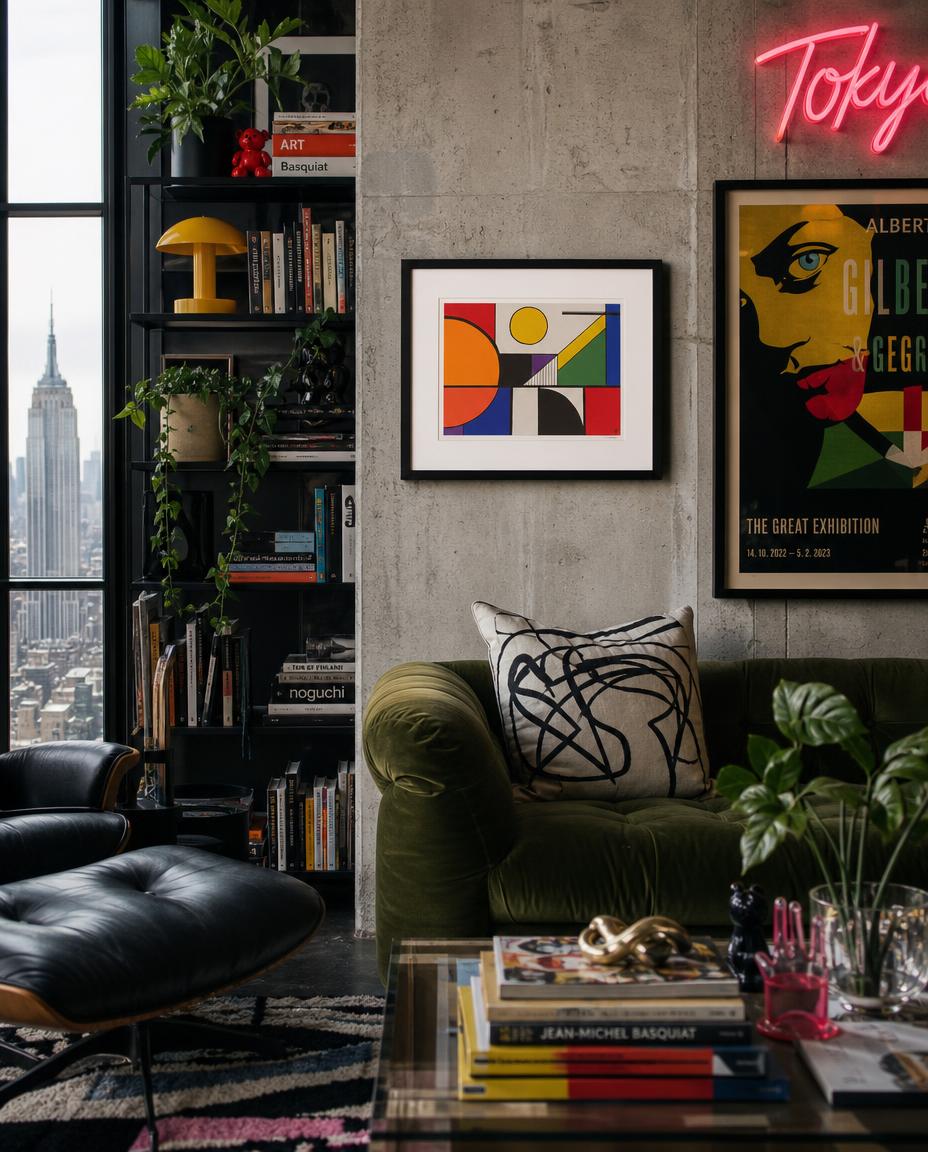 diagonal light — digitally staged loft presentation; artwork sold unframed