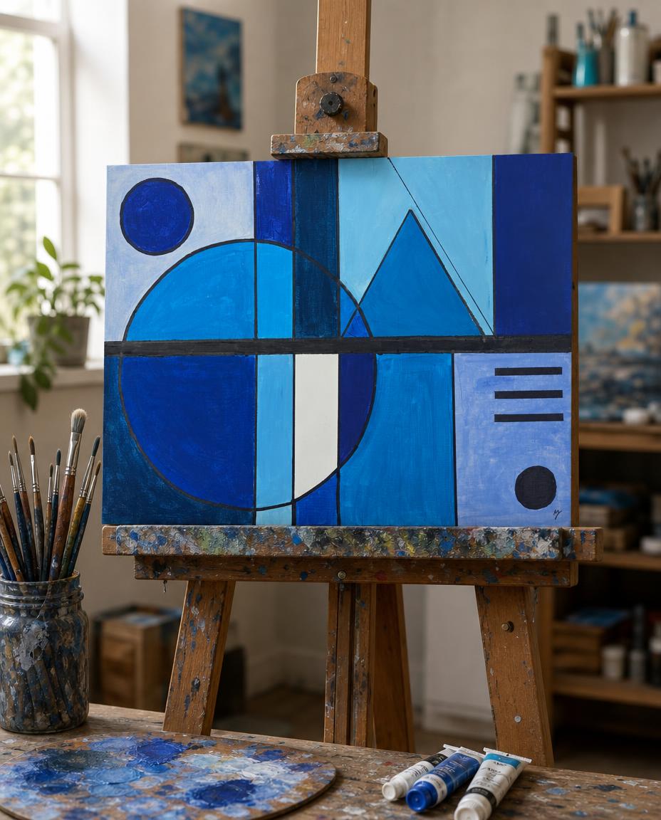blue fields — digitally staged easel presentation, frame not included