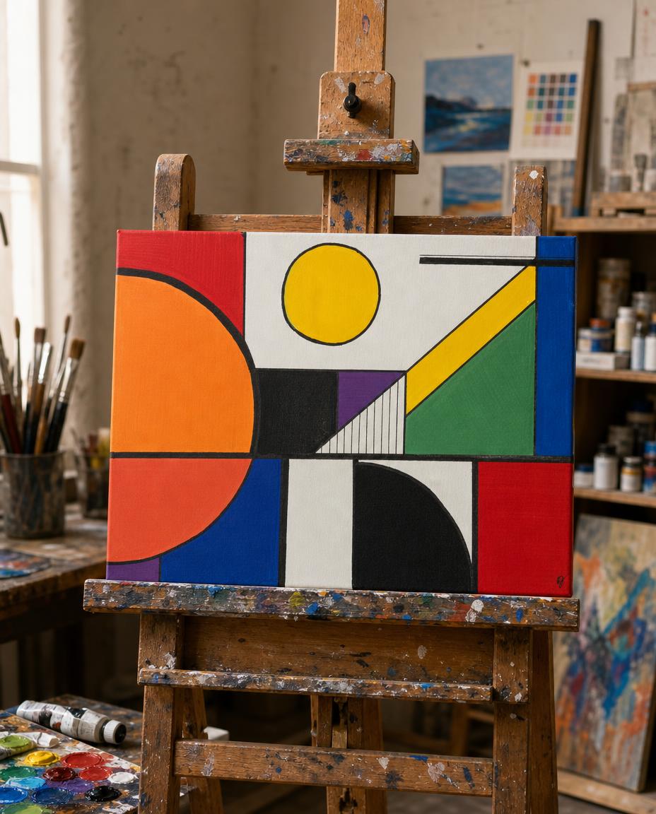 diagonal light — digitally staged easel presentation; artwork sold unframed
