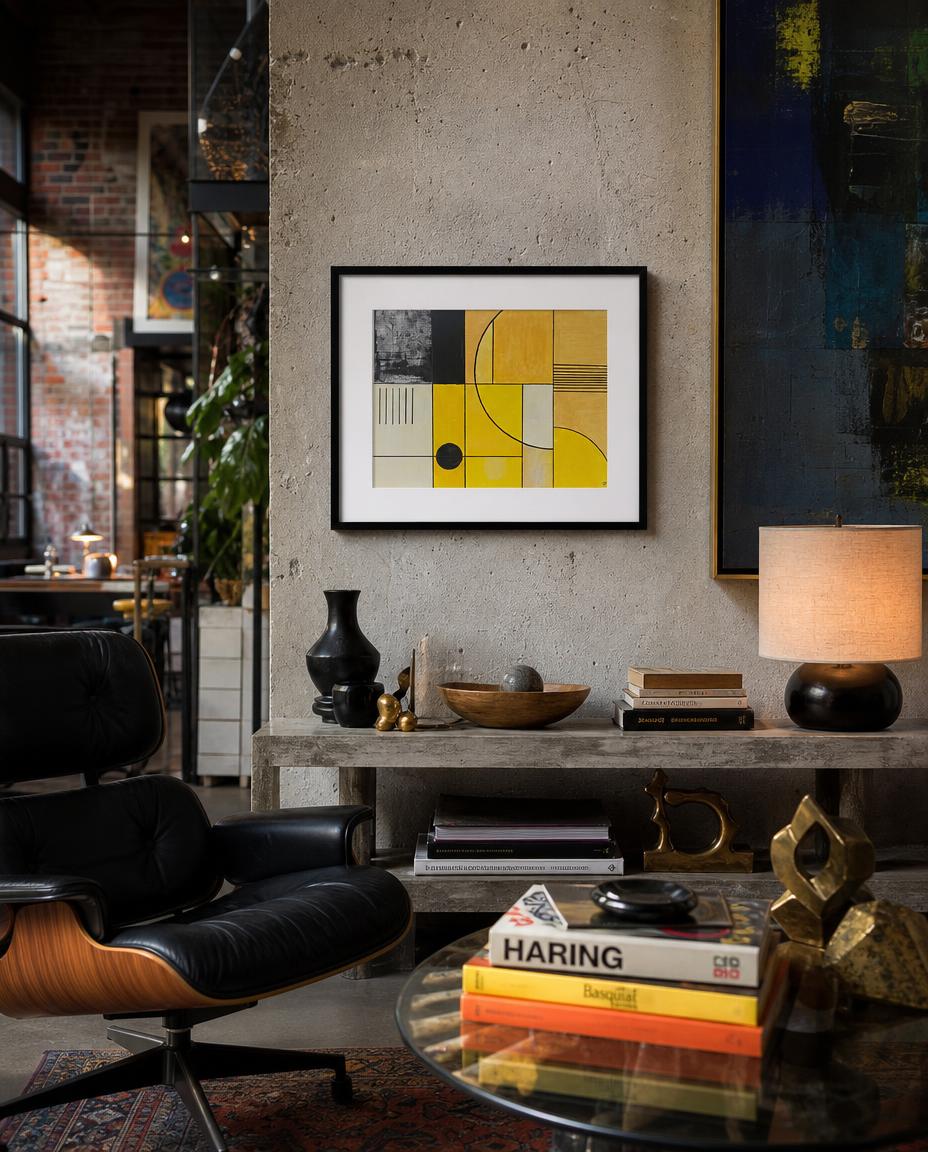 ochre study — digitally staged loft presentation; artwork sold unframed